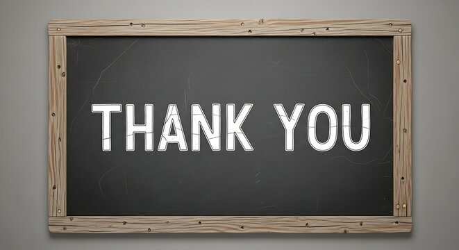 Thank you message written in white on a chalkboard with a rustic wooden frame against a gray background