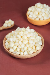 Fresh Peeled White Corn Kernels in Wooden Bowls - Healthy Breakfast Food Ingredient