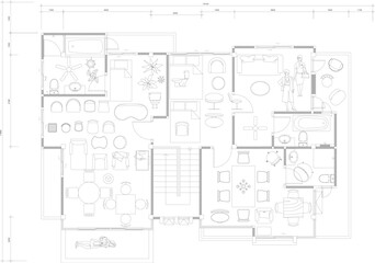 Fototapeta premium Structural Frame Plan Drawing of Second Floor with Drafting Equipment, Work Desk, Chair, and Human Figure Model