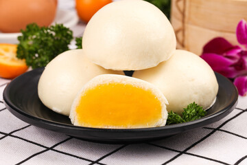 Chinese Steamed Buns with Golden Custard Filling Dim Sum Breakfast Pastry