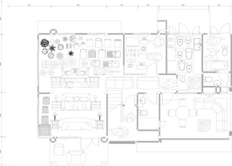 Architectural Drawing of Ground Floor Structural Frame with Interior Furniture and Decorative Elements for Residential Building Design