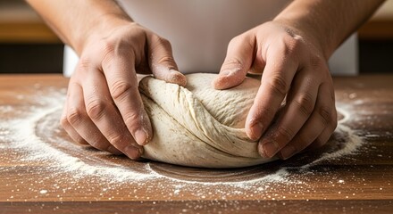 Close-up shot of hands kneading dough on a wooden surface with flour sprinkled around.