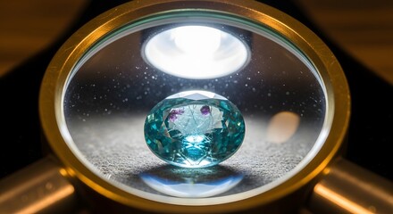 A close-up macro shot of a faceted blue-green gemstone with red inclusions being examined under a lighted magnifying glass.
