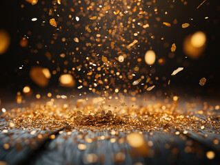 Festive Golden Confetti Falling Gracefully on a Wooden Table