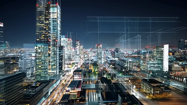 Nighttime cityscape showcasing illuminated skyscrapers with blurred motion effects and vibrant lights