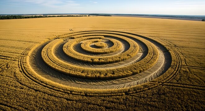 An aerial view of a mysterious crop circle with concentric rings in a golden wheat field.