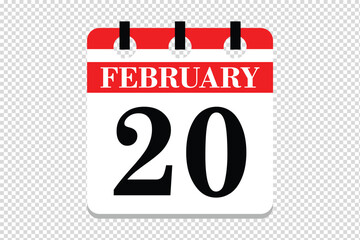 20 February Calendar icon vector, 20 dates of February month calendar icon, dates of February 20 icon calendar, vector calendar icon.