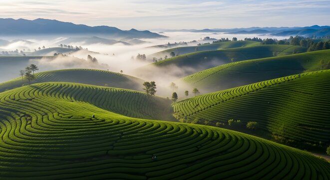 Aerial view of lush green tea plantations with rolling hills and morning fog.