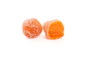 Candied Kumquats with Sugar Coating on White Background
