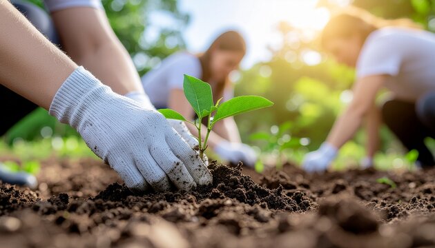 People wearing gloves planting a small green plant in soil outdoors on a sunny day.