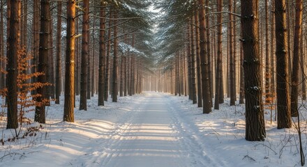 Peaceful winter forest path covered in snow with a wide open sky area above for clean, minimal seasonal backgrounds