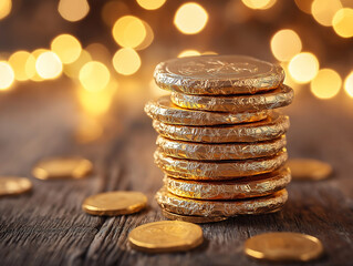Gleaming Chocolate Gold Coins Wrapped in Metallic Foil
