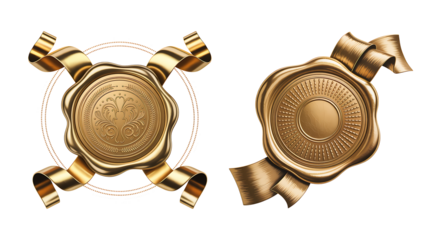 Two golden wax seals with ribbons elegant vector design elements for certificates invitations and luxury branding isolated on white