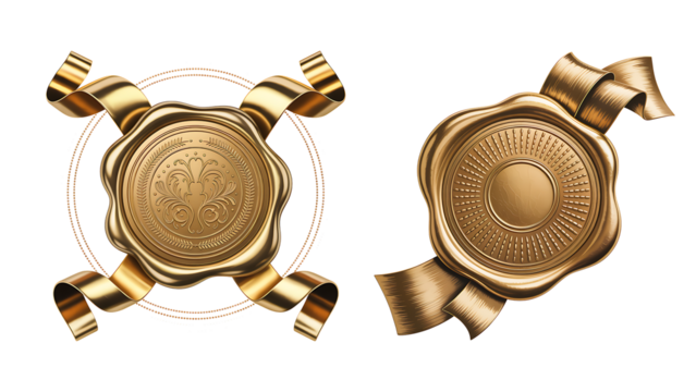 Two golden wax seals with ribbons elegant vector design elements for certificates invitations and luxury branding isolated on white