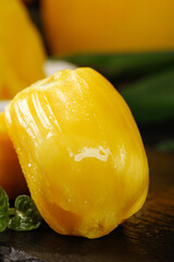 Fresh Yellow Bell Pepper with Water Droplets on Wooden Surface - Healthy Vegetable Food Photography