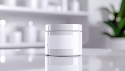 Elegant blank white cosmetic jar with label for your product mockup in a minimalist setting, perfect for skincare, wellness, or beauty brands