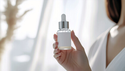 Elegant woman showcasing a modern skincare serum for radiant beauty, perfect for your next wellness or cosmetic ad campaign, promoting self-care & healthy skin