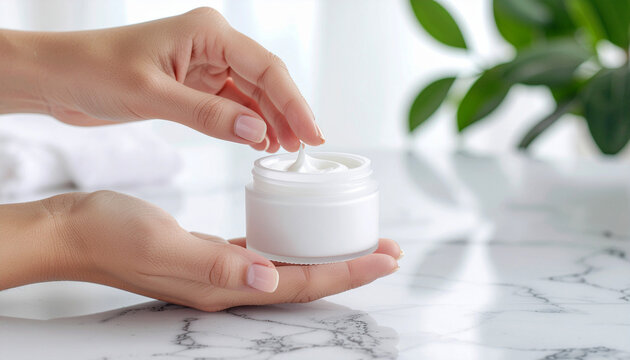 Elegant hands applying luxurious moisturizing cream for radiant skin in a spa-like setting, promising ultimate skincare and a youthful glow - Powered by Adobe