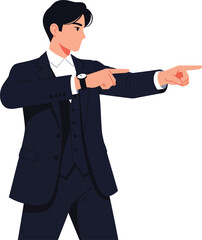 A young businessman in a dark formal threepiece suit pointing assertively with both hands.