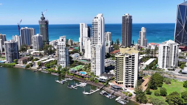 Aerial Drone Rise Over Broadbeach Waters Skyline and Coastline