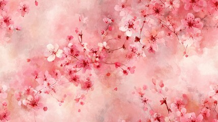 A soft, watercolor-style illustration of blooming cherry blossoms, featuring delicate pink and white flowers against a gentle, pastel background.