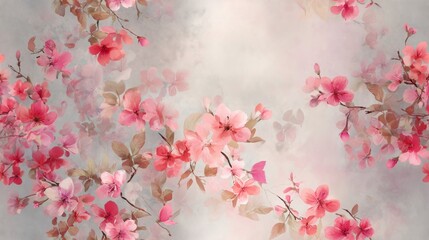 Fototapeta premium A soft, dreamy background featuring delicate pink flowers intertwined with light leaves, creating a serene and artistic floral pattern.