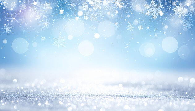 雪の結晶が降り注ぐ冬の青白いグリッター背景