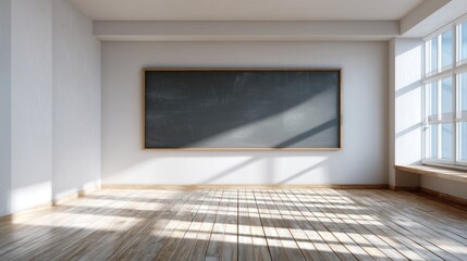 A bright, empty classroom featuring a large chalkboard, wooden flooring, and sunlight streaming through windows, creating a spacious atmosphere.