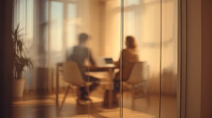 A blurred view of two individuals in a meeting, seated at a table with soft lighting, suggests an intimate discussion or collaboration.