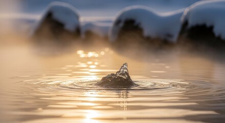 Winter Open-Air Hot Spring at Dusk with Soft Light and Copy Space Background