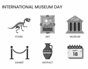 Black and white icons illustrating International Museum Day with a date of May 18