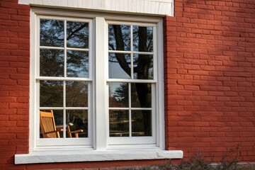White pvc casement windows set in a red brick exterior reflect trees and sky, featuring multiple panes, clean modern design, bright daylight, interior curtains, and wooden chairs.