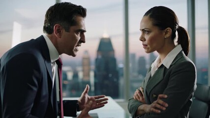 Businessman and businesswoman arguing intensely in high-rise office with city skyline - Powered by Adobe