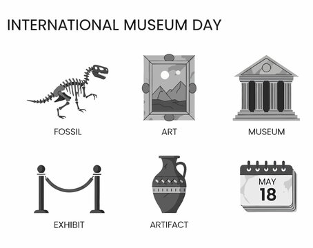 Black and white icons illustrating International Museum Day with a date of May 18 - Powered by Adobe