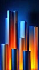 Abstract geometric shapes resembling pillars or skyscrapers illuminated with a gradient of blue and orange light against a dark blue background.