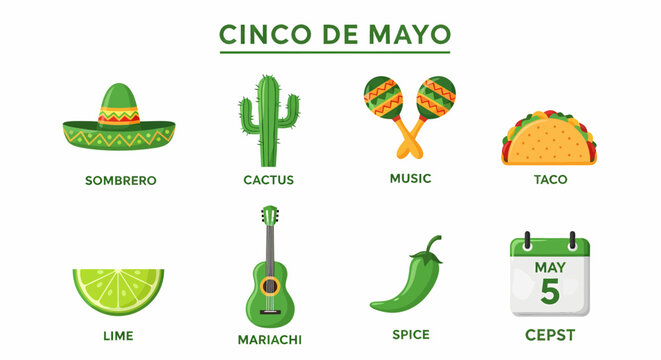Eight greenthemed icons illustrating Cinco de Mayo elements against white - Powered by Adobe