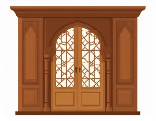 Beautifully crafted ornate wooden arched doorway illustration with intricate patterns