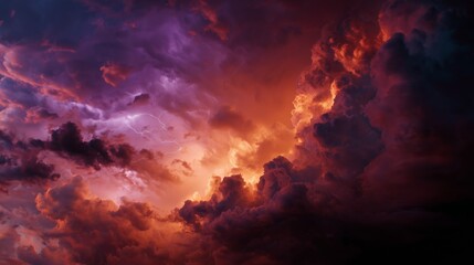 Dramatic storm clouds with intense lightning in vivid fiery colors