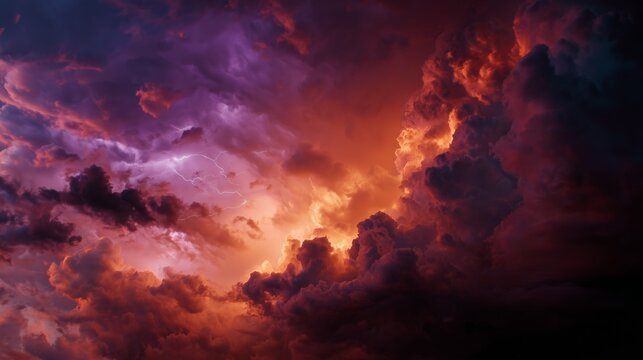 Dramatic storm clouds with intense lightning in vivid fiery colors - Powered by Adobe