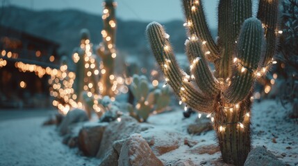 Tall desert cacti wrapped in Christmas lights at snowy winter dusk
