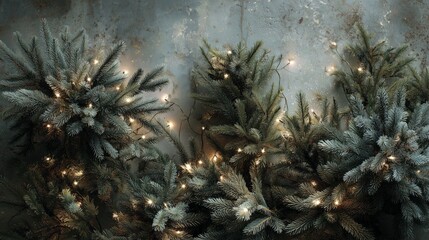 Overhead view of flocked Christmas tree branches with warm twinkle lights