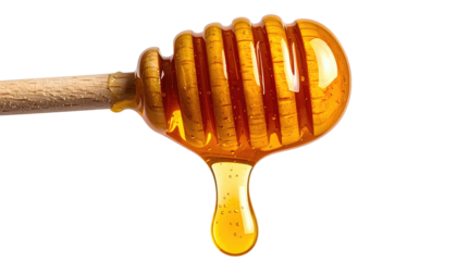 A close-up shot of a wooden honey dipper dripping golden, viscous liquid. The background is black, emphasizing the sweetness