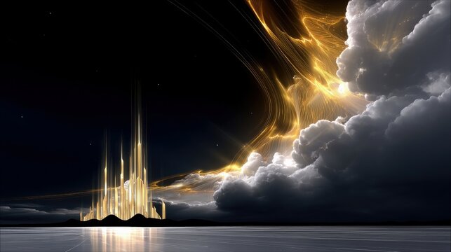 A fantastical, glowing golden city with tall spires rises from silhouetted hills against a dark night sky filled with dramatic, swirling golden energy and dark,