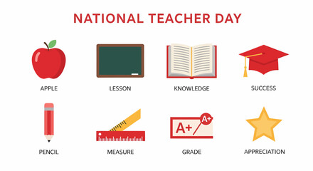 Graphic icons for National Teacher Day featuring school supplies and symbols