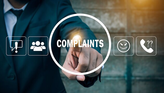 Man using virtual touchscreen clicks word: complaints. Concept of complaints. Customer complaint, dissatisfaction from product or service problem, angry feedback from client. Complain on everything.ai