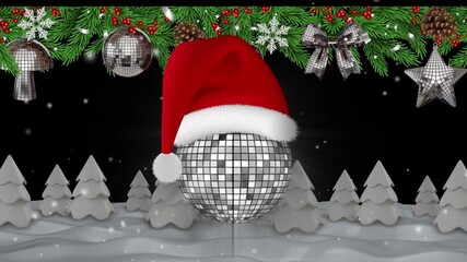 christmas disco ball with santa claus hat animation on snowing winter landscape and pine branches. christmas motion graphic - Powered by Adobe