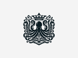 Fototapeta premium Intricate black heraldic octopus vector logo with detailed tentacles and emblem frame for powerful brand identity