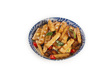 Asian Bamboo Shoot Stir-Fry with Crispy Bacon and Vegetables in Traditional Ceramic Bowl