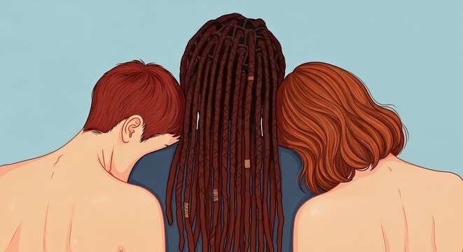 Three people embracing with their heads resting on each other's shoulders