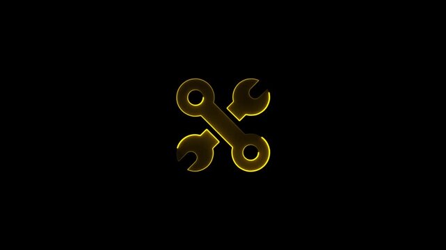 Yellow glowing crossed wrenches icon on a dark black background representing tools and mechanical services